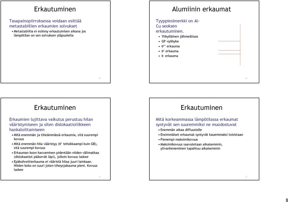 Ylikylläinen jähmeäliuos GP vyöhyke θ erkauma θ erkauma θ erkauma 29 30 Erkautuminen Erkaumien lujittava vaikutus perustuu hilan vääristymiseen ja siten dislokaatioliikkeen hankaloittamiseen Mitä