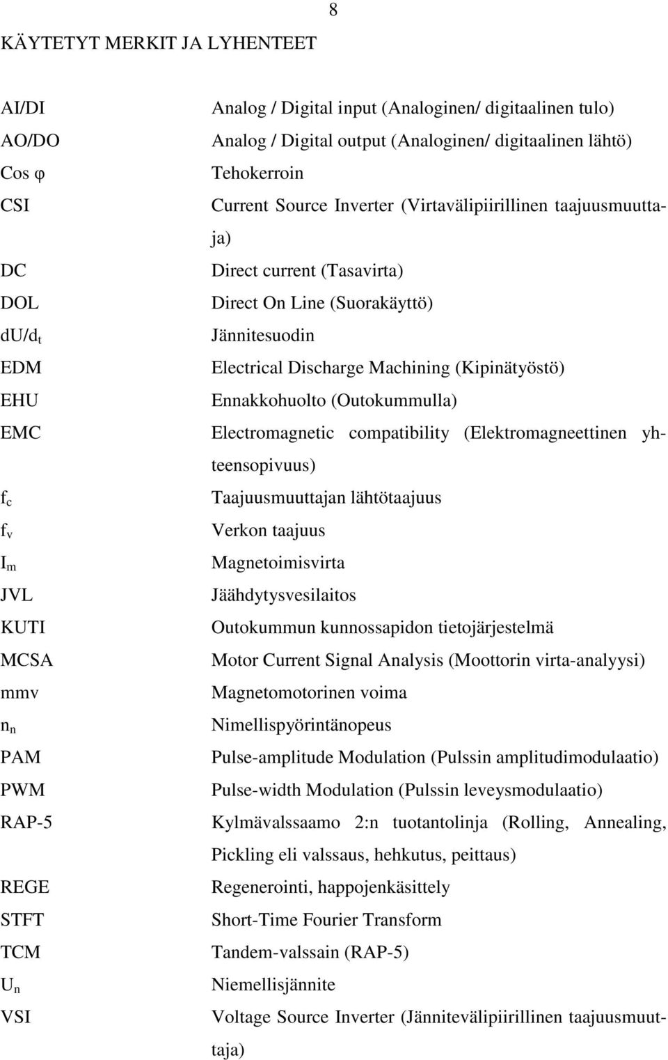 Jännitesuodin Electrical Discharge Machining (Kipinätyöstö) Ennakkohuolto (Outokummulla) Electromagnetic compatibility (Elektromagneettinen yhteensopivuus) Taajuusmuuttajan lähtötaajuus Verkon