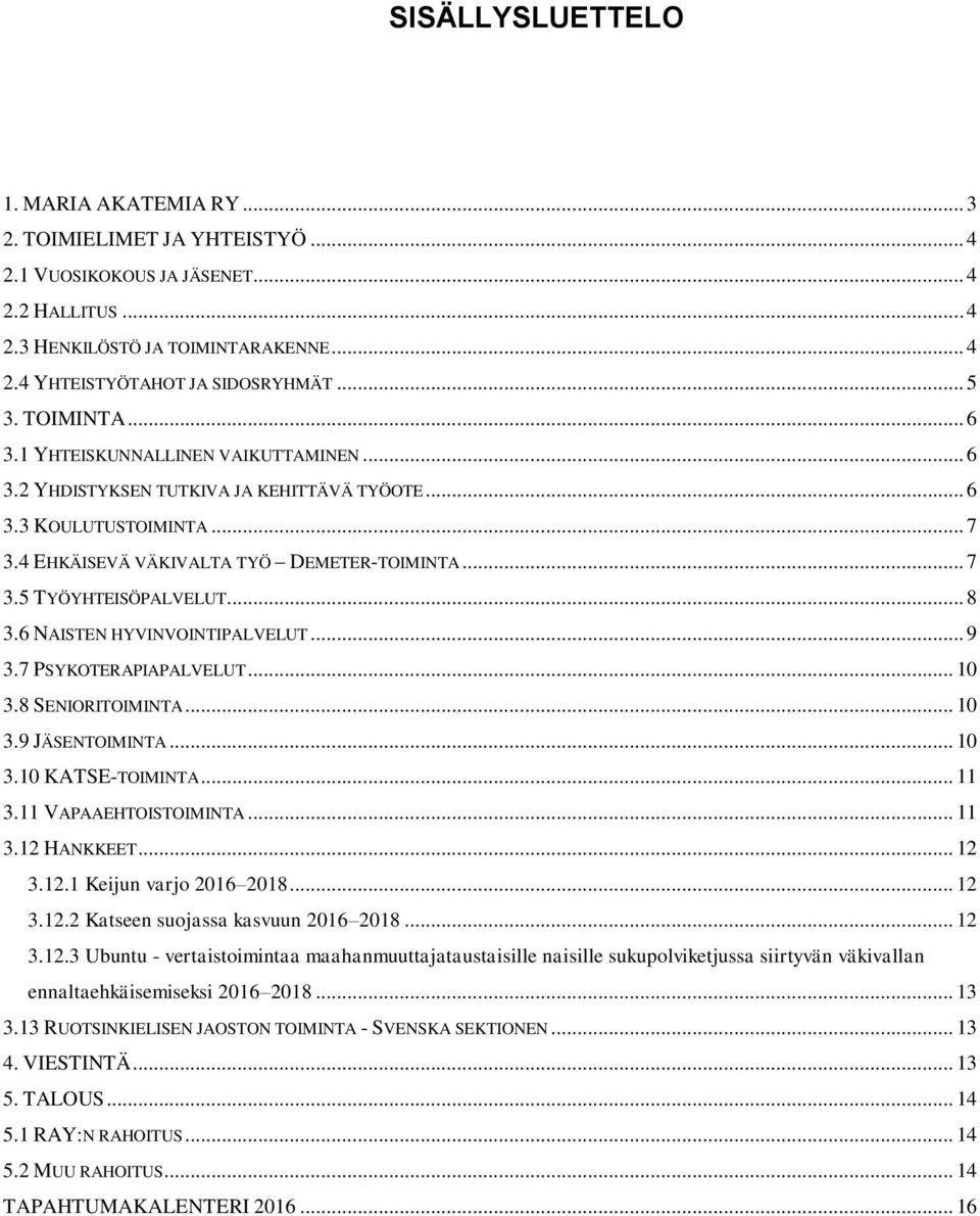 .. 8 3.6 NAISTEN HYVINVOINTIPALVELUT... 9 3.7 PSYKOTERAPIAPALVELUT... 10 3.8 SENIORITOIMINTA... 10 3.9 JÄSENTOIMINTA... 10 3.10 KATSE-TOIMINTA... 11 3.11 VAPAAEHTOISTOIMINTA... 11 3.12 HANKKEET... 12 3.