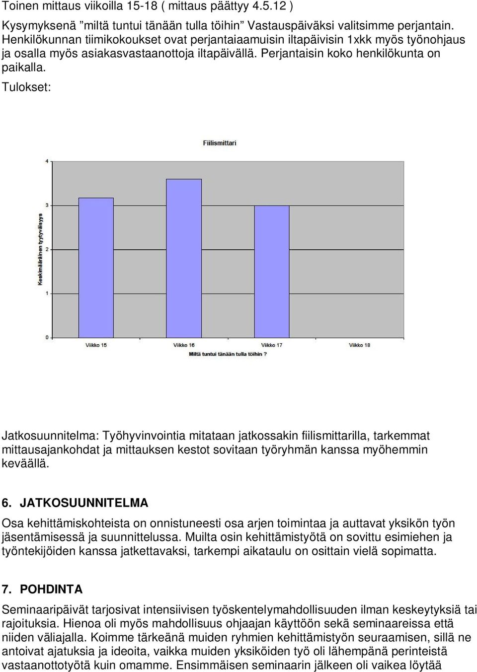 Tulokset: Jatkosuunnitelma: Työhyvinvointia mitataan jatkossakin fiilismittarilla, tarkemmat mittausajankohdat ja mittauksen kestot sovitaan työryhmän kanssa myöhemmin keväällä. 6.