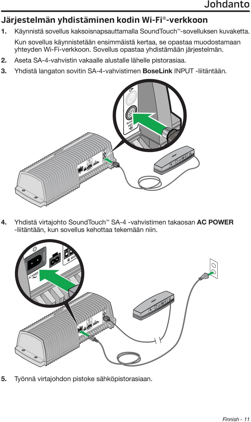 Aseta SA-4-vahvistin vakaalle alustalle lähelle pistorasiaa. 3. Yhdistä langaton sovitin SA-4-vahvistimen BoseLink INPUT -liitäntään. 4.