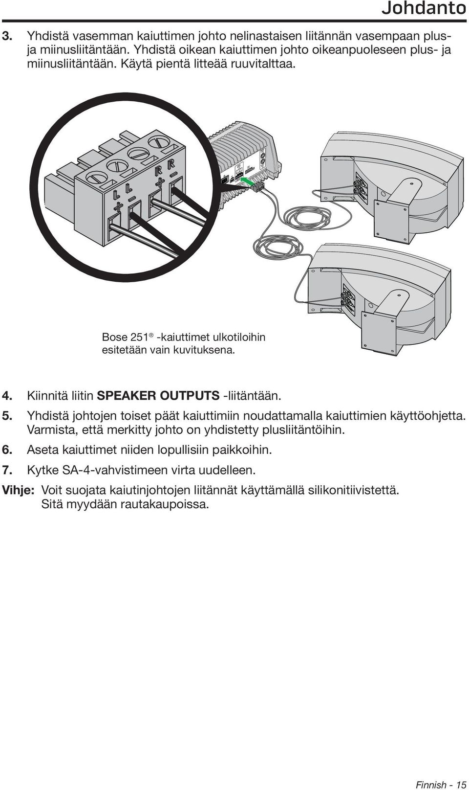 4. Kiinnitä liitin SPEAKER OUTPUTS -liitäntään. 5. Yhdistä johtojen toiset päät kaiuttimiin noudattamalla kaiuttimien käyttöohjetta.