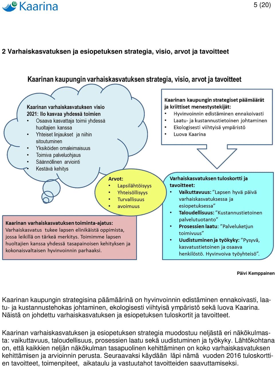 Kaarinan varhaiskasvatuksen ja esiopetuksen strategia muodostuu neljästä eri näkökulmasta: vaikuttavuus, taloudellisuus, prosessien laatu sekä uudistuminen ja työkyky.