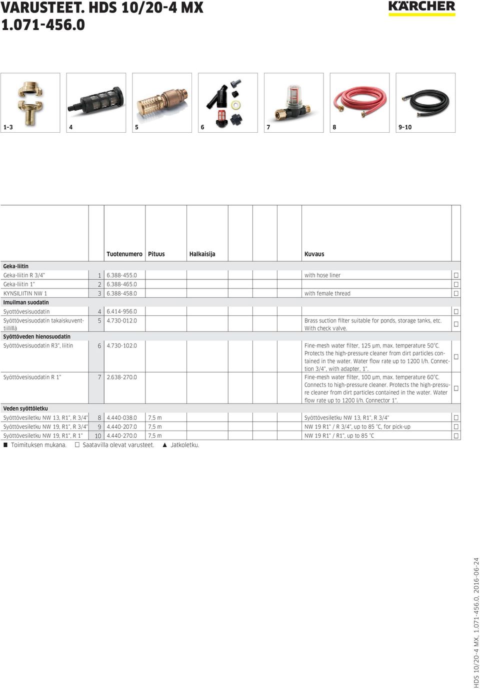 0 Brass suction filter suitable for ponds, storage tanks, etc. With check valve. Syöttövesisuodatin R3", liitin 6 4.730-102.0 Fine-mesh water filter, 125 μm, max. temperature 50 C.