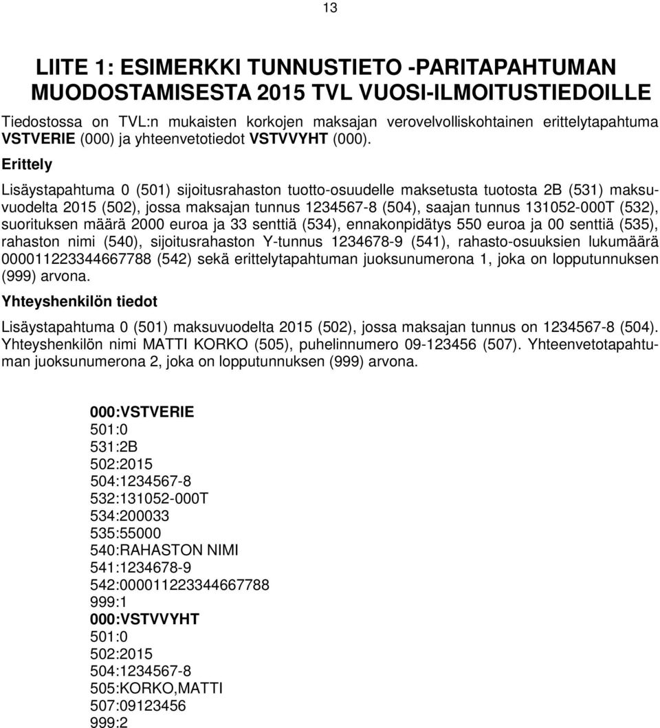 Erittely Lisäystapahtuma 0 (501) sijoitusrahaston tuotto-osuudelle maksetusta tuotosta 2B (531) maksuvuodelta 2015 (502), jossa maksajan tunnus 1234567-8 (504), saajan tunnus 131052-000T (532),