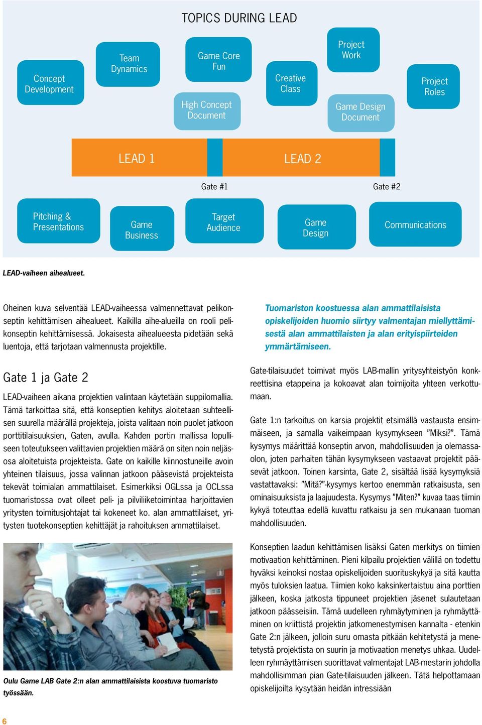 Kaikilla aihe-alueilla on rooli pelikonseptin kehittämisessä. Jokaisesta aihealueesta pidetään sekä luentoja, että tarjotaan valmennusta projektille.