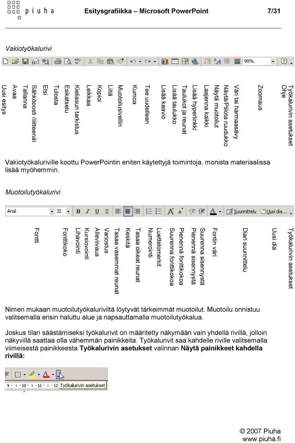 Suurenna sisennystä Pienennä sisennystä Pienennä fonttikokoa Suurenna fonttikokoa Luettelomerkit Numerointi Tasaa oikeat reunat Keskitä Tasaa vasemmat reunat Varjostus Alleviivaus Kursiovointi