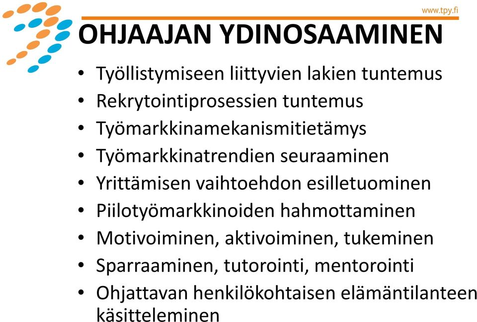 vaihtoehdon esilletuominen Piilotyömarkkinoiden hahmottaminen Motivoiminen, aktivoiminen,