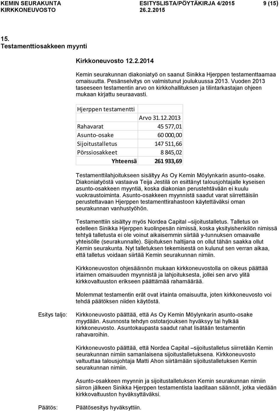 2013 Rahavarat 45 577,01 Asunto-osake 60 000,00 Sijoitustalletus 147 511,66 Pörssiosakkeet 8 845,02 Yhteensä 261 933,69 Testamenttilahjoitukseen sisältyy As Oy Kemin Möylynkarin asunto-osake.