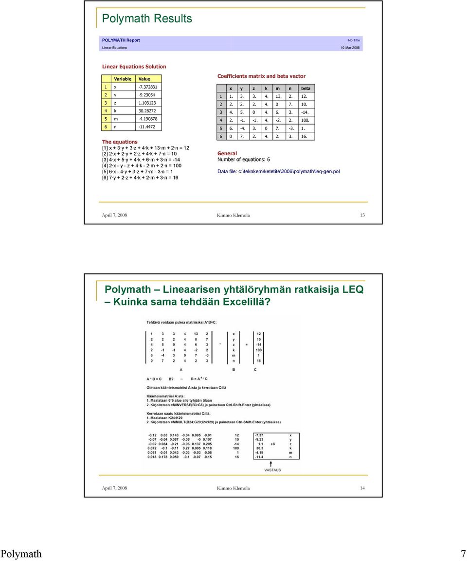 [6] 7 y + z + 4 k + m + 3 n = 6 Coefficients matrix and beta vector 3 4 5 6 x. 4.. 6. 0 y 3.. 5. - -4. 7. z 3.. 0-3.. k 4. 4. 4. 4. 0 4. General Number of equations: 6 m 3. 0 6. -. 7.. n. 7. 3.. -3.