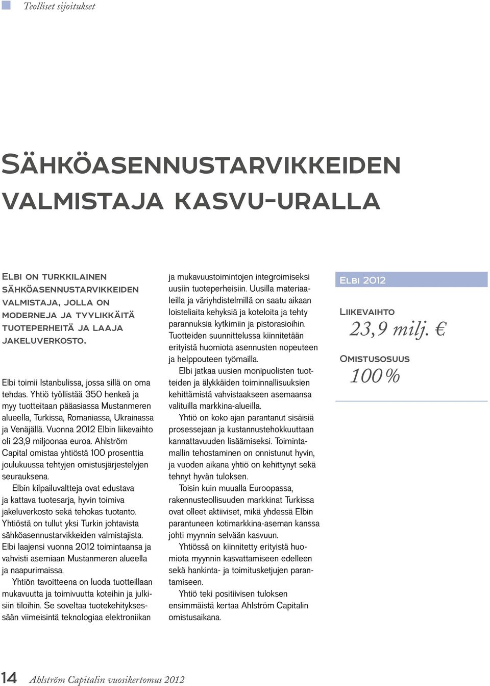 Vuonna 2012 Elbin liikevaihto oli 23,9 miljoonaa euroa. Ahlström Capital omistaa yhtiöstä 100 prosenttia joulukuussa tehtyjen omistusjärjestelyjen seurauksena.