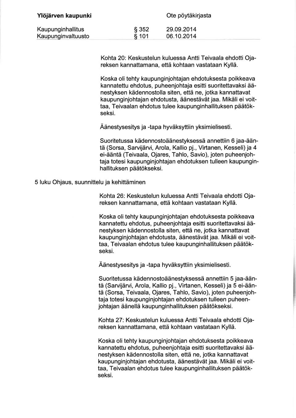 Suoritetussa kädennostoäänestyksessä annettiin 6 jaa-ääntä (Sorsa, Sarvijärvi, Arola, Kallio pj.