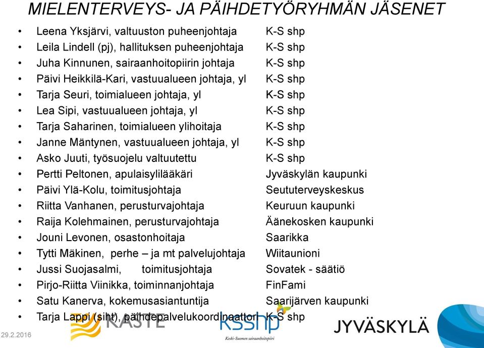 Mäntynen, vastuualueen johtaja, yl K-S shp Asko Juuti, työsuojelu valtuutettu K-S shp Pertti Peltonen, apulaisylilääkäri Jyväskylän kaupunki Päivi Ylä-Kolu, toimitusjohtaja Seututerveyskeskus Riitta