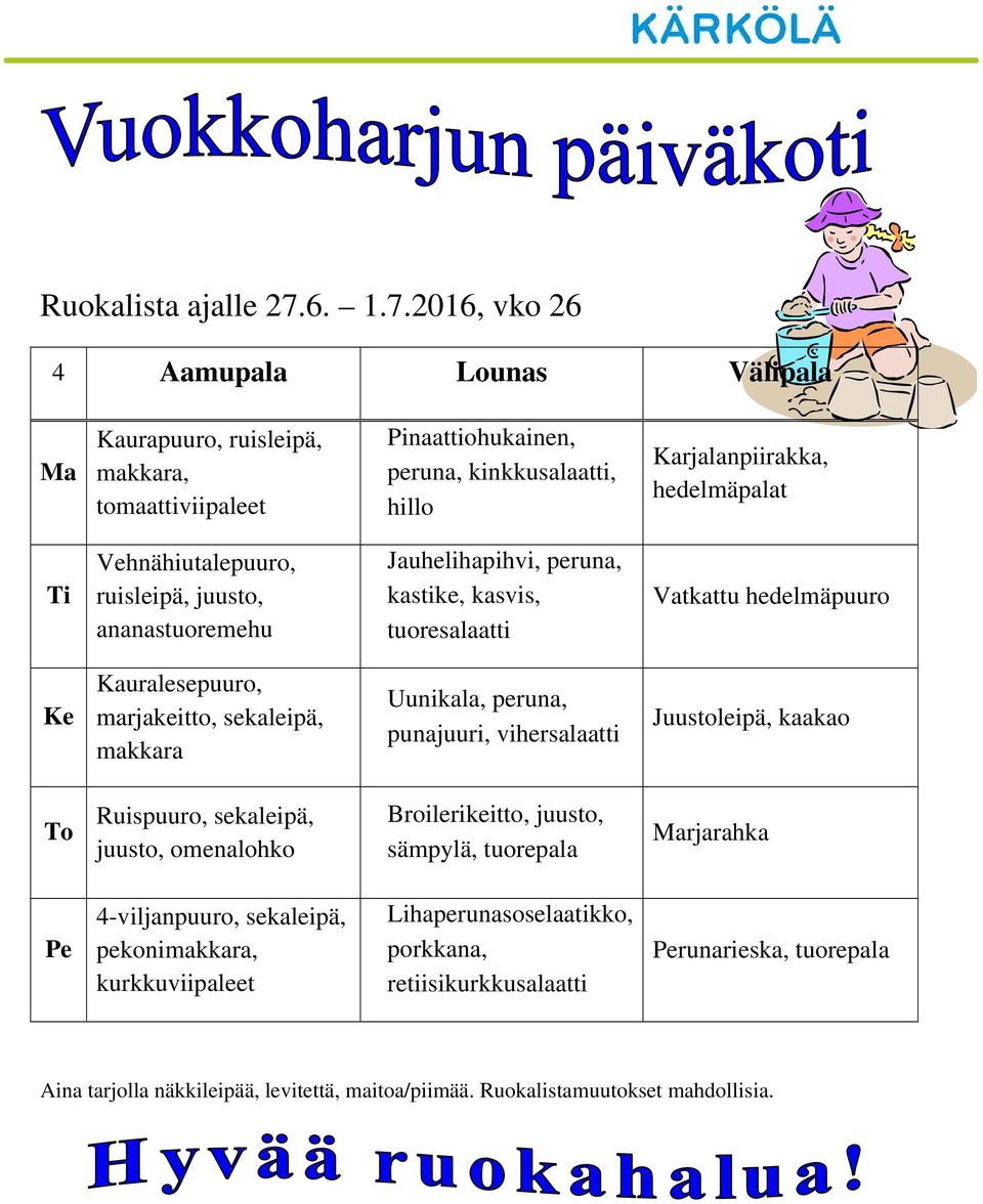 2016, vko 26 4 Aamupala Lounas Välipala Ma Kaurapuuro, ruisleipä, makkara, Pinaattiohukainen, peruna, kinkku, hillo Karjalanpiirakka, hedelmäpalat Ti