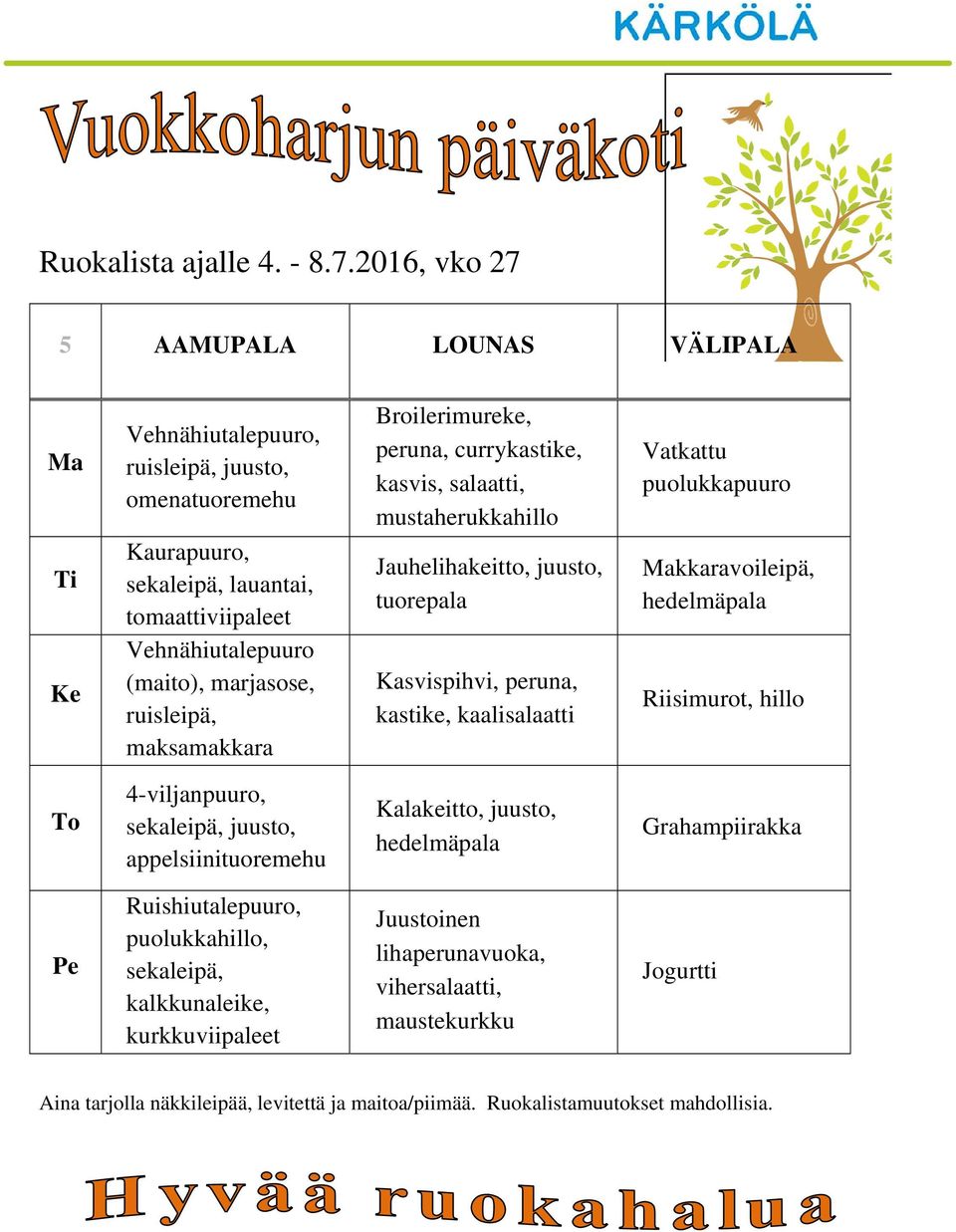 marjasose, ruisleipä, maksamakkara Broilerimureke, peruna, curry, kasvis,, mustaherukkahillo Jauhelihakeitto,, Kasvispihvi, peruna,, kaali Vatkattu puuro