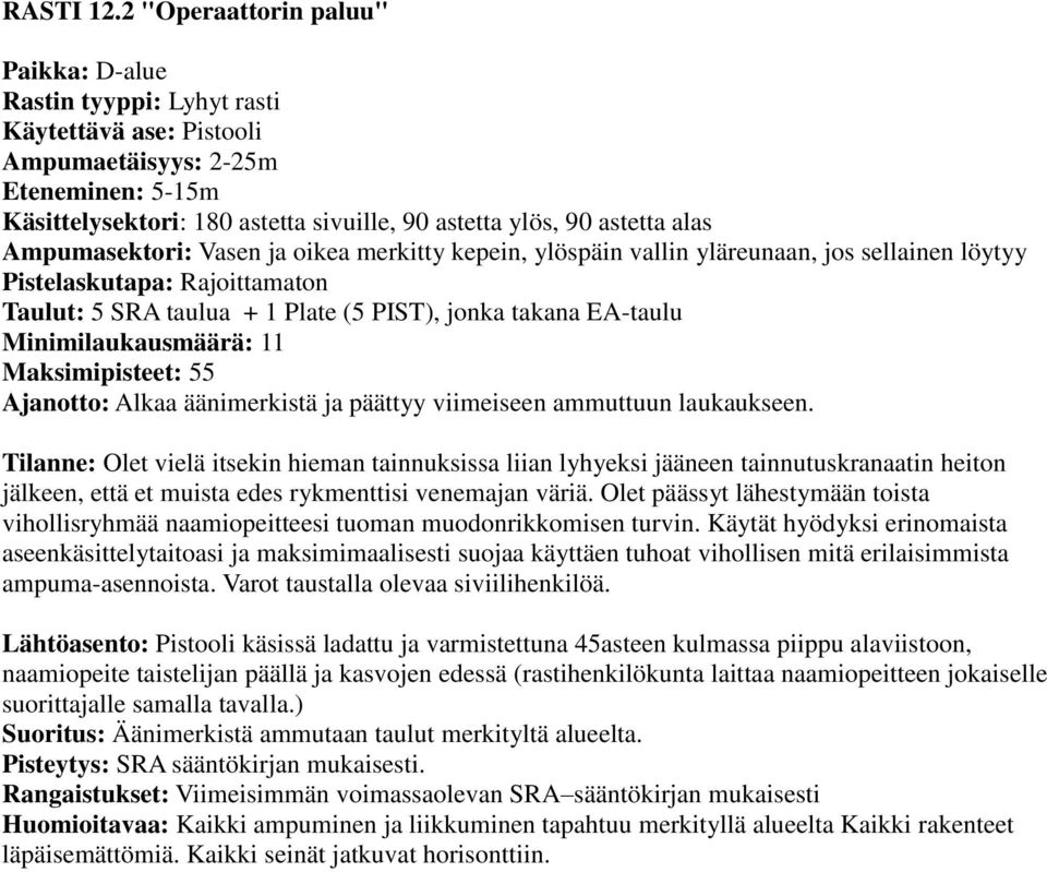 Minimilaukausmäärä: 11 Maksimipisteet: 55 Tilanne: Olet vielä itsekin hieman tainnuksissa liian lyhyeksi jääneen tainnutuskranaatin heiton jälkeen, että et muista edes rykmenttisi venemajan väriä.