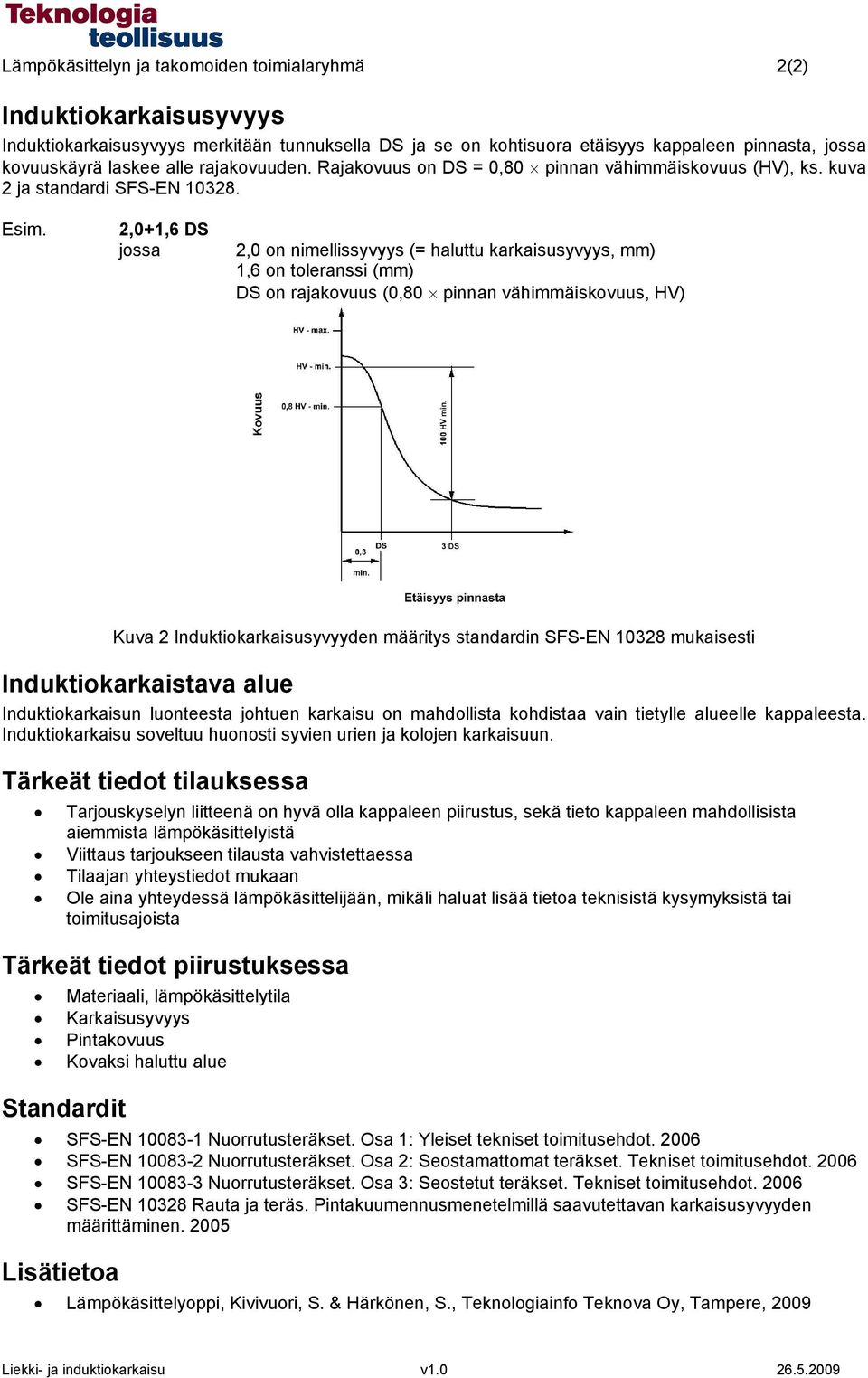 2,0+1,6 DS jossa 2,0 on nimellissyvyys (= haluttu karkaisusyvyys, mm) 1,6 on toleranssi (mm) DS on rajakovuus (0,80 pinnan vähimmäiskovuus, HV) Kuva 2 Induktiokarkaisusyvyyden määritys standardin