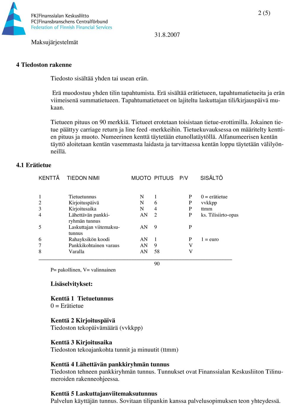 Jokainen tietue päättyy carriage return ja line feed -merkkeihin. Tietuekuvauksessa on määritelty kenttien pituus ja muoto. Numeerinen kenttä täytetään etunollatäytöllä.