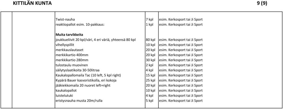 Kerkosport tai Ji Sport merkkauslautaset 20 kpl esim. Kerkosport tai Ji Sport merkkikartio 400mm 20 kpl esim. Kerkosport tai Ji Sport merkkikartio 280mm 30 kpl esim.