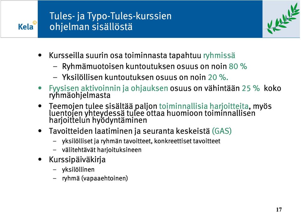 Fyysisen aktivoinnin ja ohjauksen osuus on vähintään 25 % koko ryhmäohjelmasta Teemojen tulee sisältää paljon toiminnallisia harjoitteita, myös luentojen