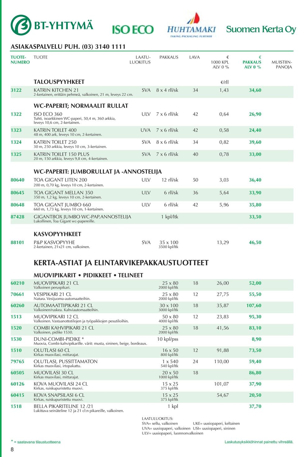 valkoinen, 21 m, leveys 22 cm. WC-PAPERIT; NORMAALIT RULLAT 1322 ISO ECO 360 ULV 7 x 6 rll/sk 42 0,64 26,90 Tuhti, isoarkkinen WC-paperi, 50,4 m, 360 arkkia, leveys 10,6 cm, 2-kertainen.