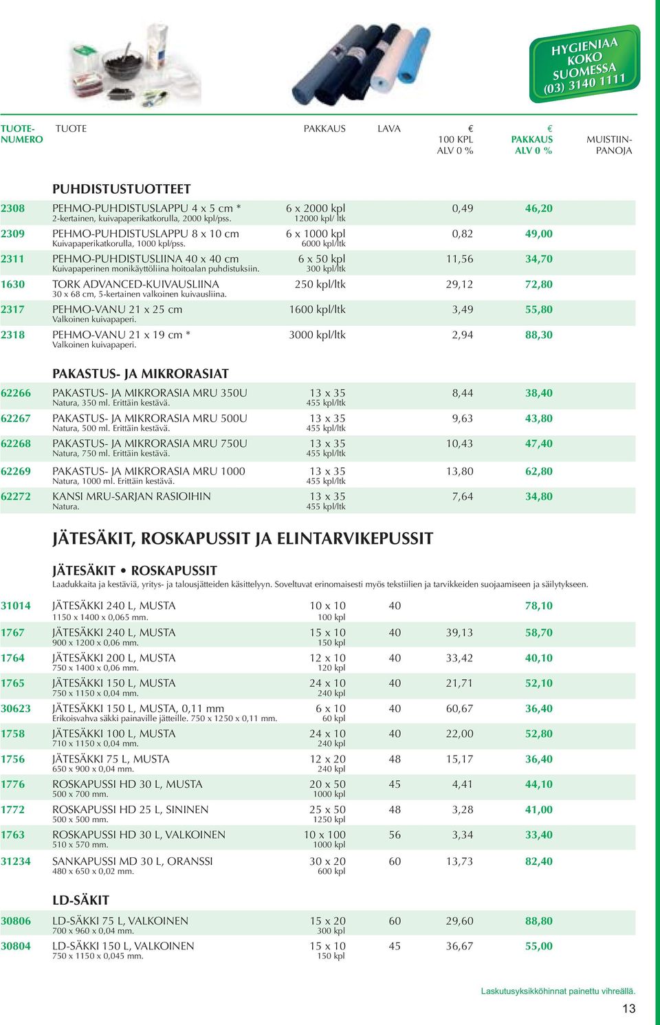 6000 kpl/ltk 2311 PEHMO-PUHDISTUSLIINA 40 x 40 cm 6 x 50 kpl 11,56 34,70 Kuivapaperinen monikäyttöliina hoitoalan puhdistuksiin.