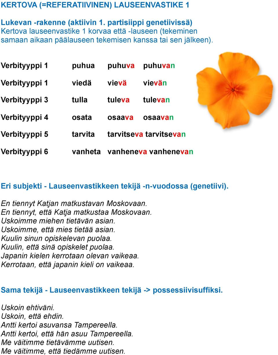 Verbityyppi 1 puhua puhuva puhuvan Verbityyppi 1 viedä vievä vievän Verbityyppi 3 tulla tuleva tulevan Verbityyppi 4 osata osaava osaavan Verbityyppi 5 tarvita tarvitseva tarvitsevan Verbityyppi 6