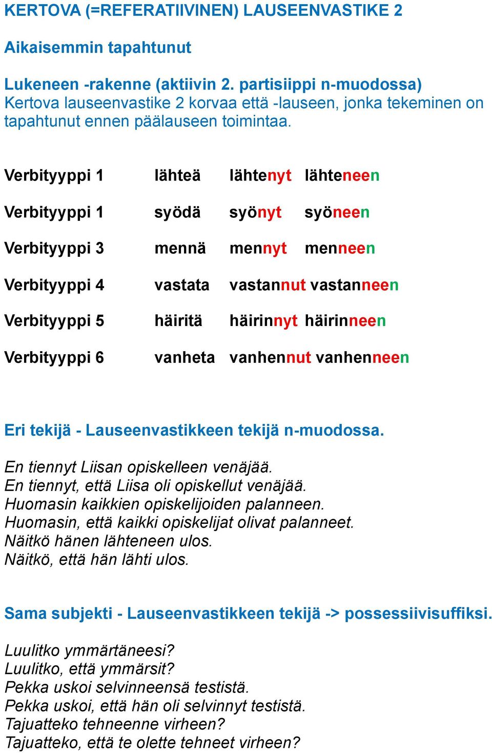 Verbityyppi 1 lähteä lähtenyt lähteneen Verbityyppi 1 syödä syönyt syöneen Verbityyppi 3 mennä mennyt menneen Verbityyppi 4 vastata vastannut vastanneen Verbityyppi 5 häiritä häirinnyt häirinneen