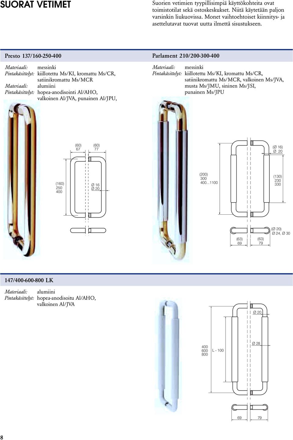 Presto 137/160-250-400 Pintakäsittelyt: kiillotettu Ms/KI, kromattu Ms/CR, satiinikromattu Ms/MCR Materiaali: alumiini Pintakäsittelyt: hopea-anodisointi Al/AHO, valkoinen Al/JVA, punainen Al/JPU,
