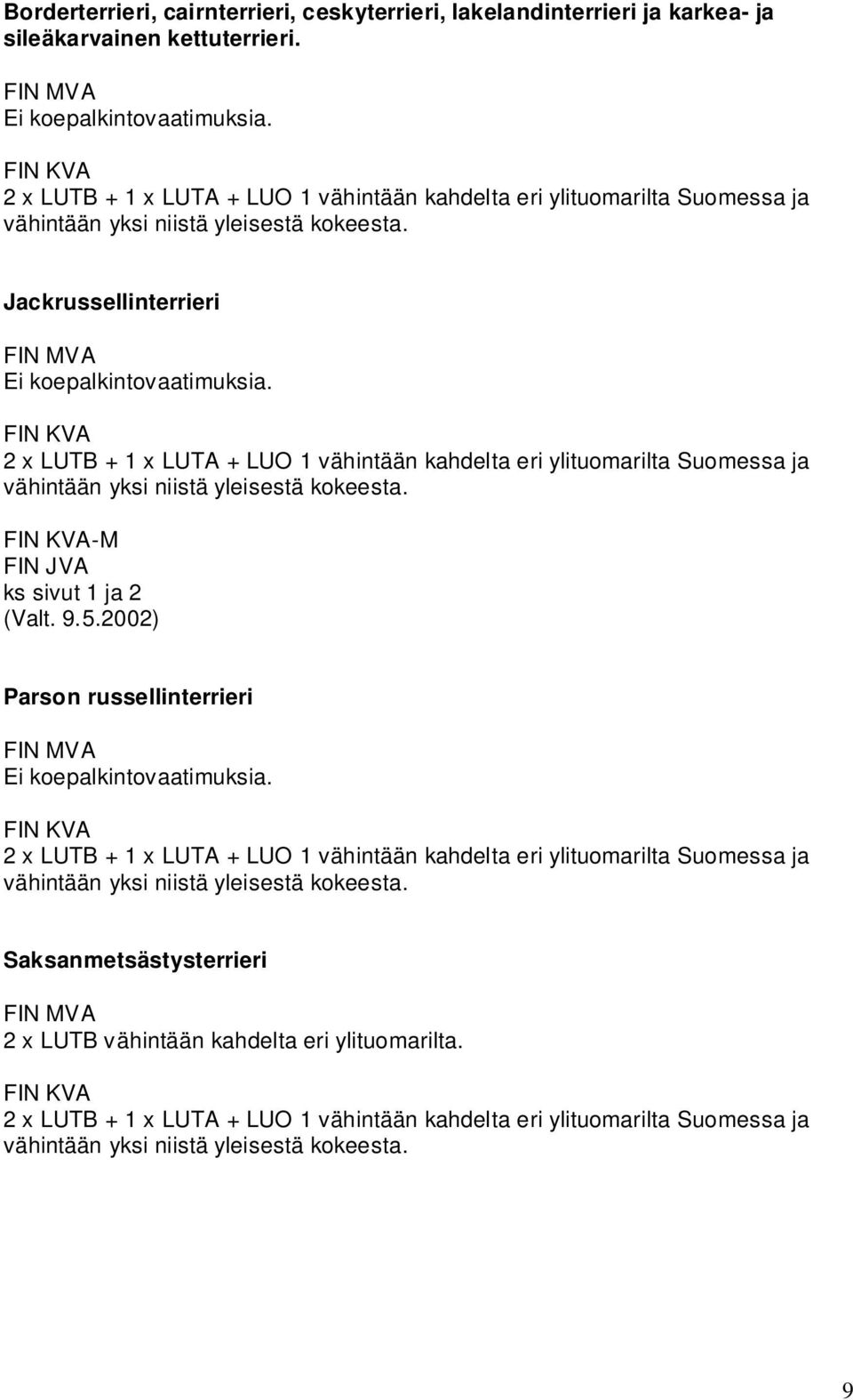 Jackrussellinterrieri  -M FIN JVA ks sivut 1 ja 2 (Valt. 9.5.2002) Parson russellinterrieri  Saksanmetsästysterrieri 2 x LUTB vähintään kahdelta eri ylituomarilta.  9