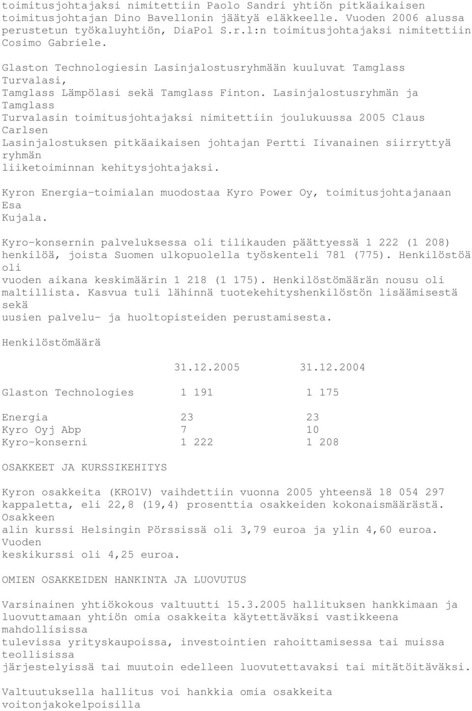 Lasinjalostusryhmän ja Tamglass Turvalasin toimitusjohtajaksi nimitettiin joulukuussa 2005 Claus Carlsen Lasinjalostuksen pitkäaikaisen johtajan Pertti Iivanainen siirryttyä ryhmän liiketoiminnan