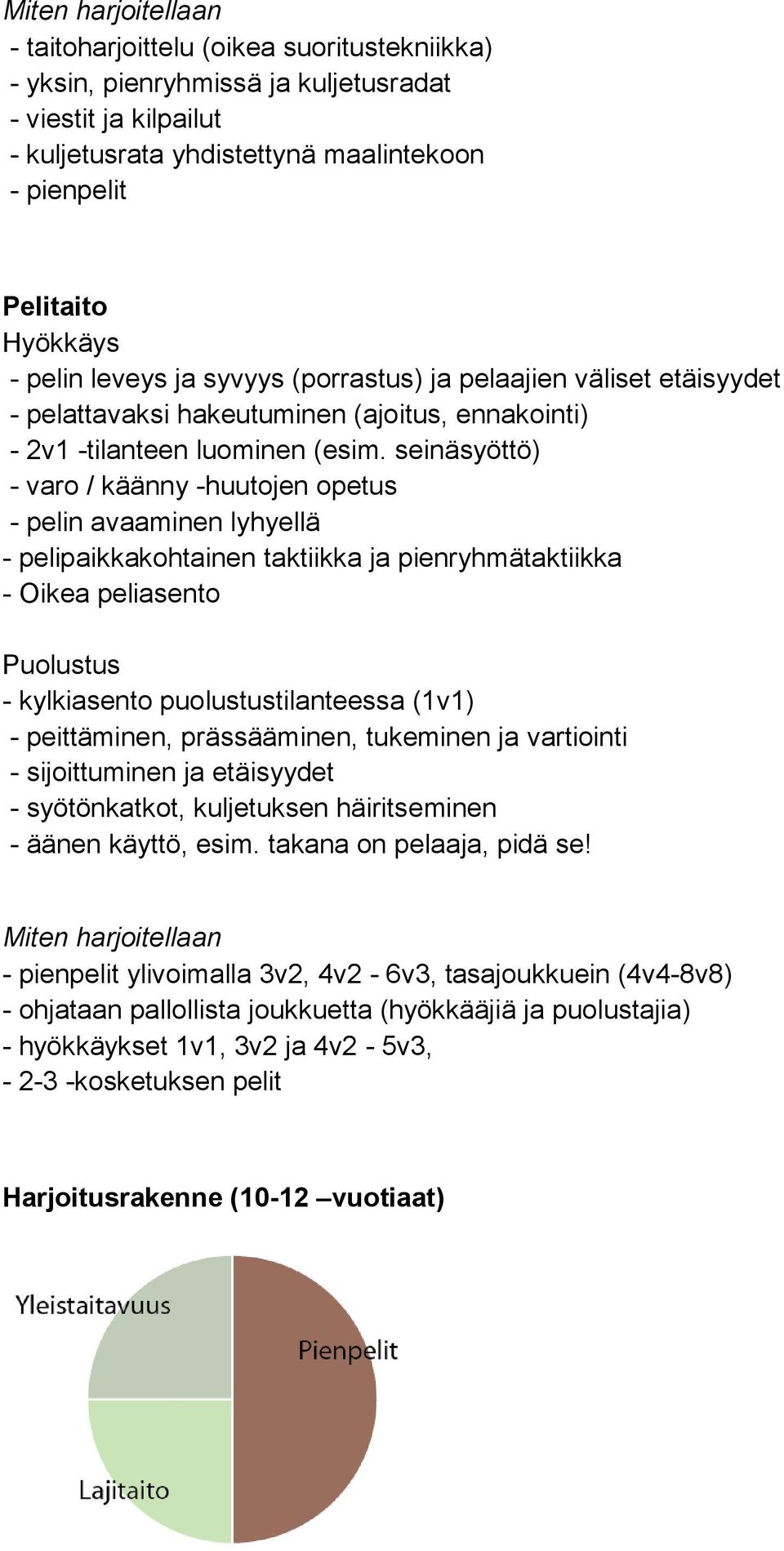 seinäsyöttö) - varo / käänny -huutojen opetus - pelin avaaminen lyhyellä - pelipaikkakohtainen taktiikka ja pienryhmätaktiikka - Oikea peliasento Puolustus - kylkiasento puolustustilanteessa (1v1) -