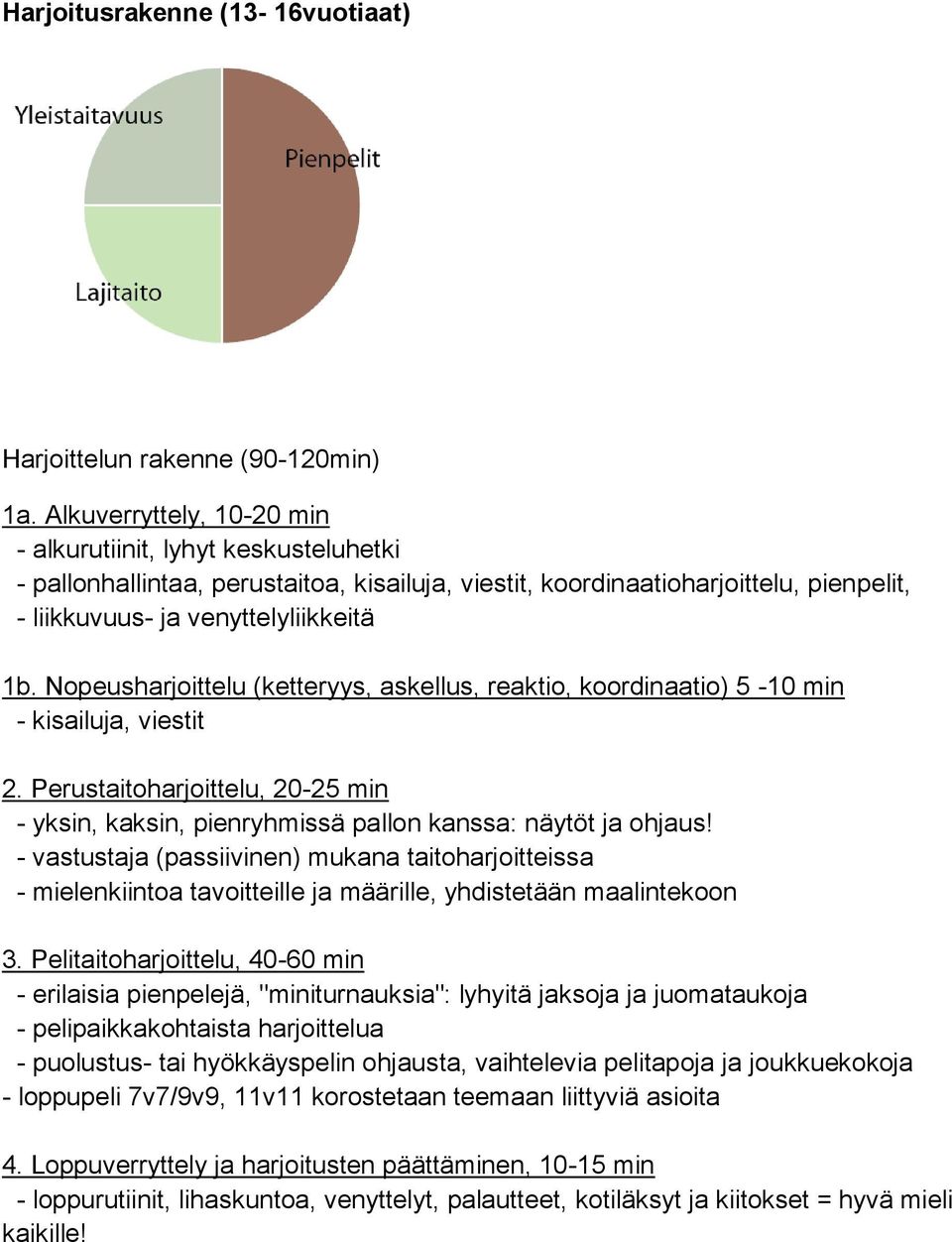 Nopeusharjoittelu (ketteryys, askellus, reaktio, koordinaatio) 5-10 min - kisailuja, viestit 2. Perustaitoharjoittelu, 20-25 min - yksin, kaksin, pienryhmissä pallon kanssa: näytöt ja ohjaus!