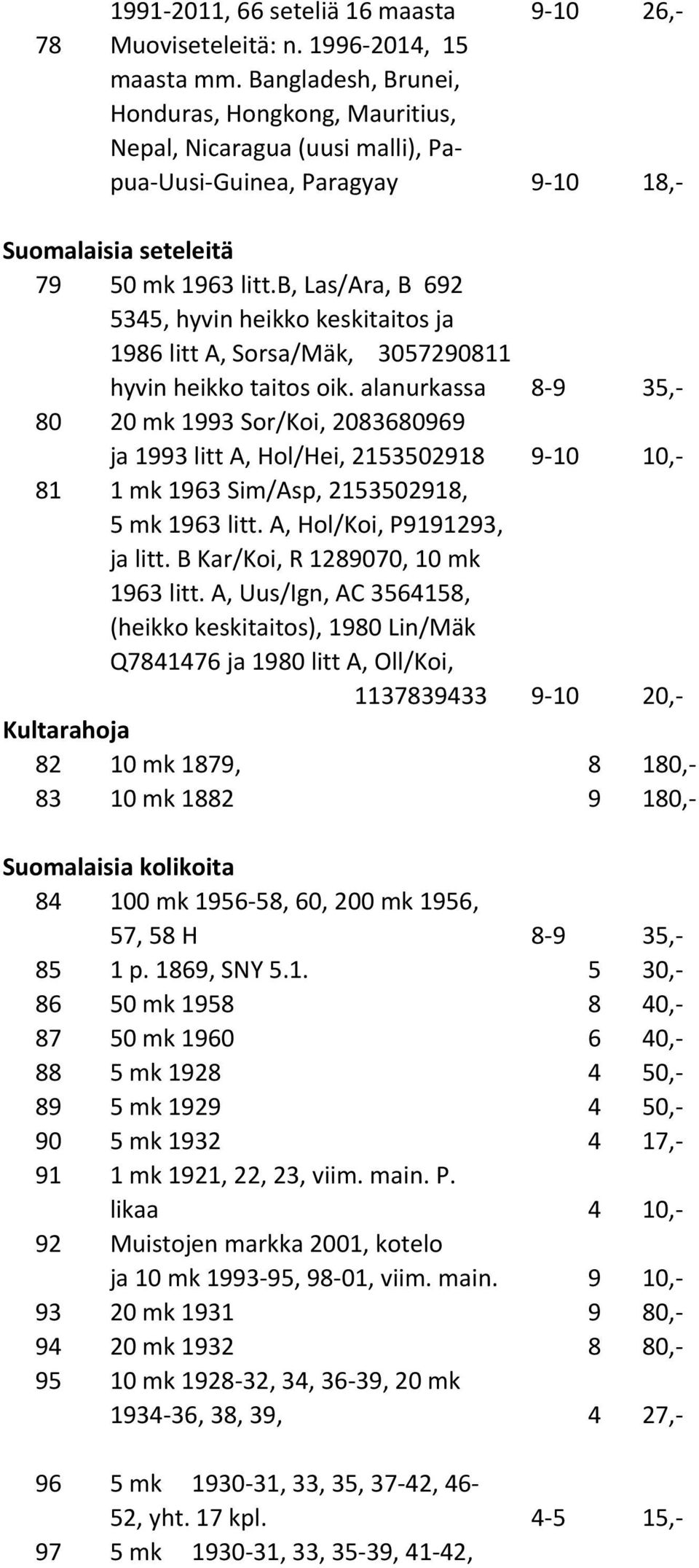 b, Las/Ara, B 692 5345, hyvin heikko keskitaitos ja 1986 litt A, Sorsa/Mäk, 3057290811 hyvin heikko taitos oik.