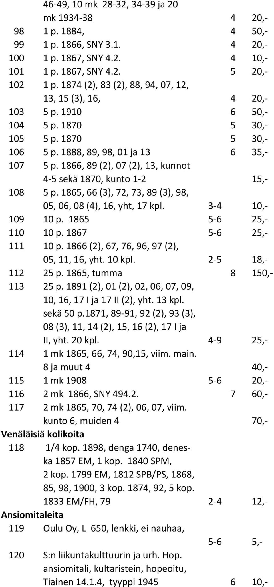 1866, 89 (2), 07 (2), 13, kunnot 4-5 sekä 1870, kunto 1-2 15,- 108 5 p. 1865, 66 (3), 72, 73, 89 (3), 98, 05, 06, 08 (4), 16, yht, 17 kpl. 3-4 10,- 109 10 p. 1865 5-6 25,- 110 10 p.