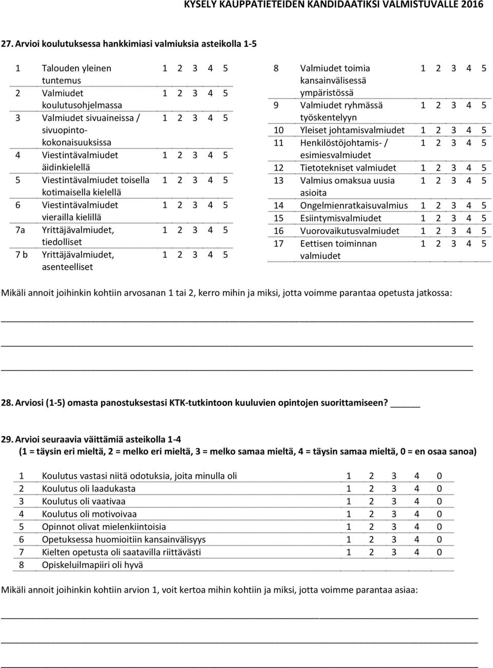 kansainvälisessä ympäristössä 9 Valmiudet ryhmässä työskentelyyn 10 Yleiset johtamisvalmiudet 11 Henkilöstöjohtamis- / esimiesvalmiudet 12 Tietotekniset valmiudet 13 Valmius omaksua uusia asioita 14