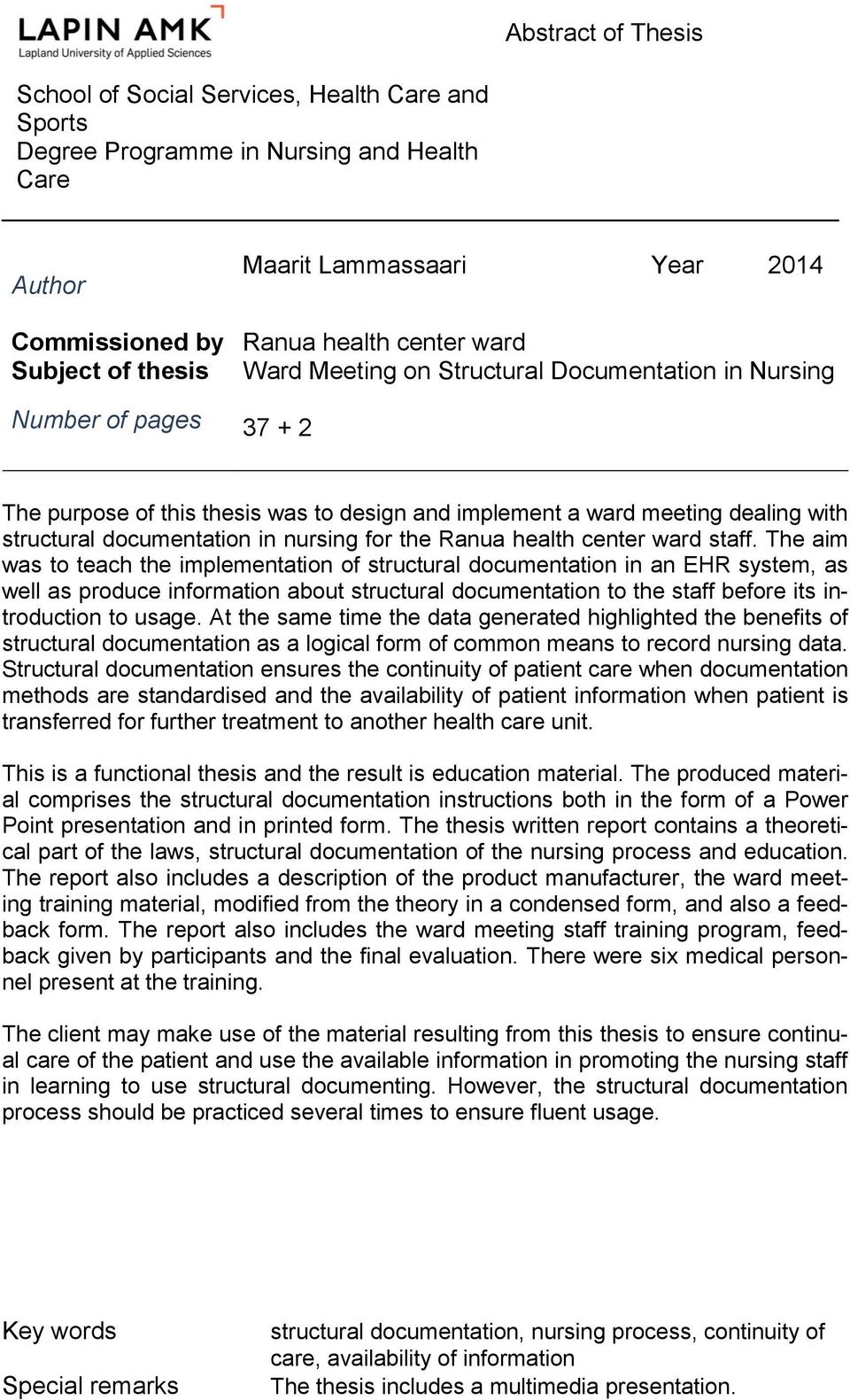 nursing for the Ranua health center ward staff.