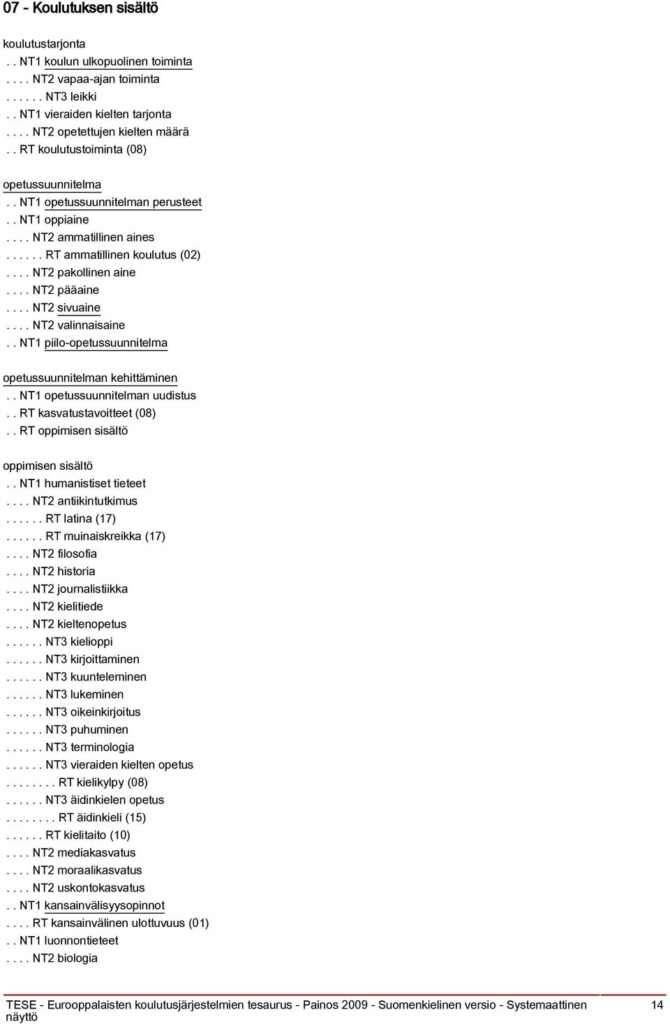 ... NT2 sivuaine.... NT2 valinnaisaine.. NT1 piilo-opetussuunnitelma opetussuunnitelman kehittäminen.. NT1 opetussuunnitelman uudistus.. RT kasvatustavoitteet (08).