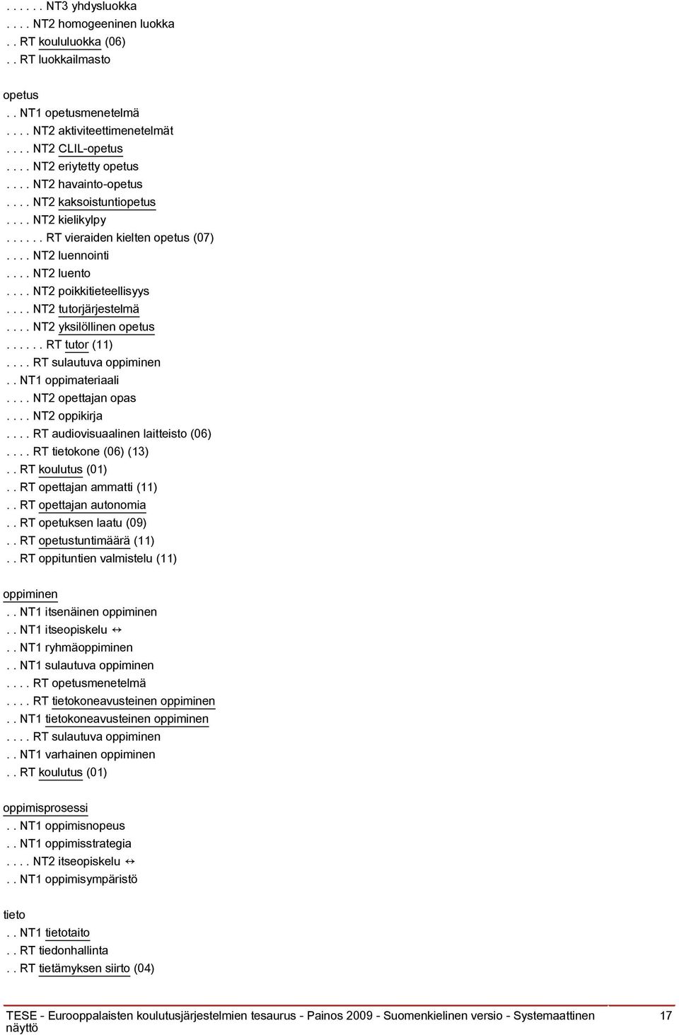 ... NT2 yksilöllinen opetus...... RT tutor (11).... RT sulautuva oppiminen.. NT1 oppimateriaali.... NT2 opettajan opas.... NT2 oppikirja.... RT audiovisuaalinen laitteisto (06).