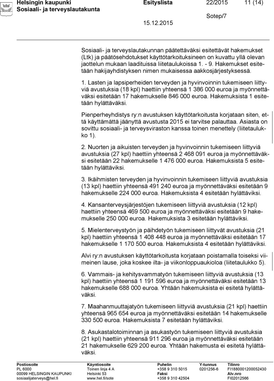 - 9. Hakemukset esitetään hakijayhdistyksen nimen mukaisessa aakkosjärjestyksessä. 1.