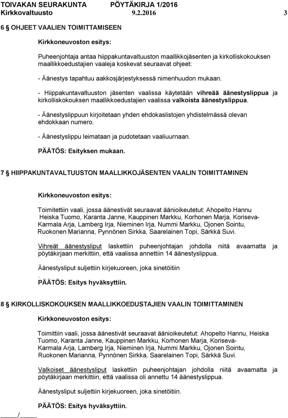 aakkosjärjestyksessä nimenhuudon mukaan. - Hiippakuntavaltuuston jäsenten vaalissa käytetään vihreää äänestyslippua ja kirkolliskokouksen maallikkoedustajien vaalissa valkoista äänestyslippua.