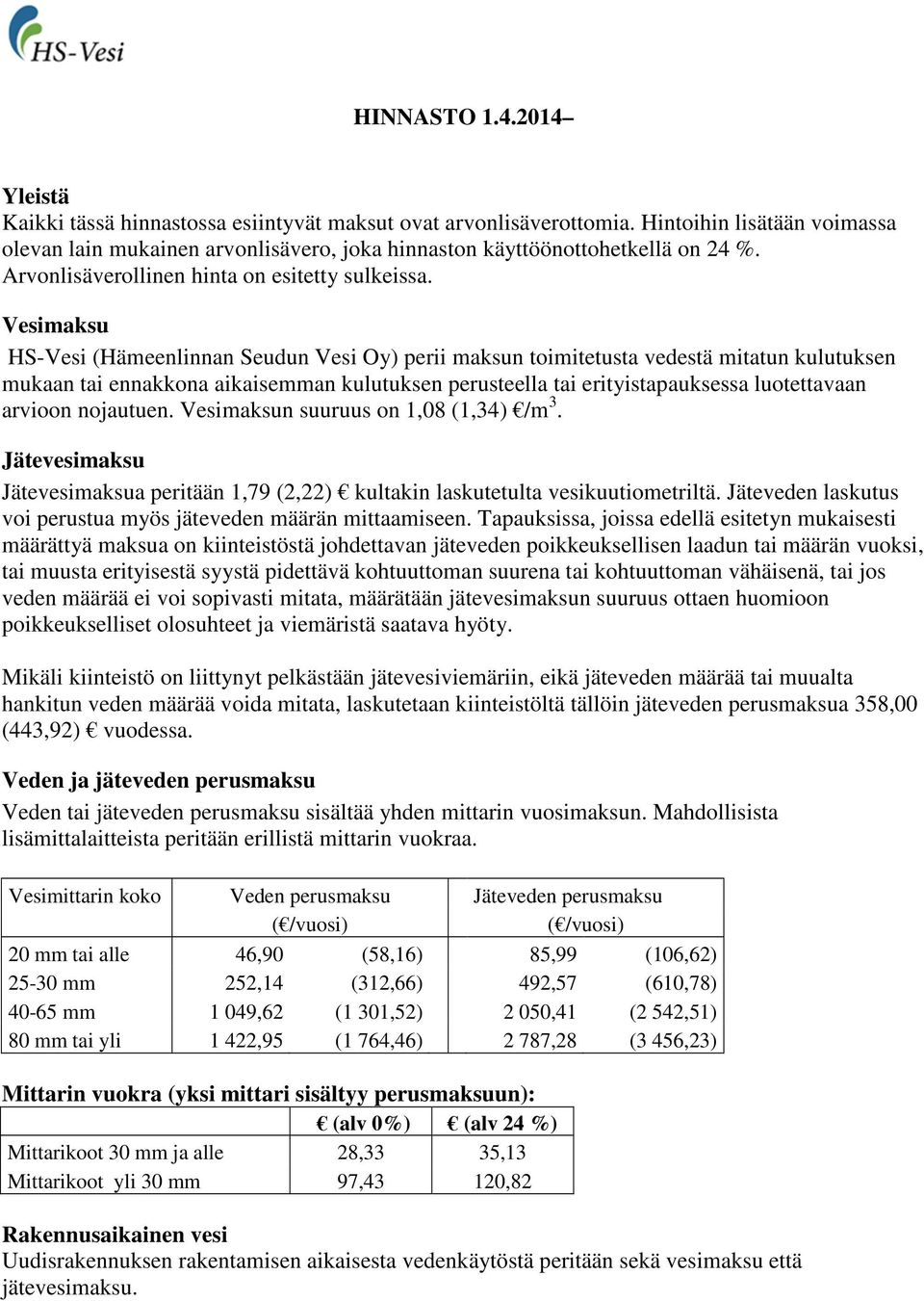 Vesimaksu HS-Vesi (Hämeenlinnan Seudun Vesi Oy) perii maksun toimitetusta vedestä mitatun kulutuksen mukaan tai ennakkona aikaisemman kulutuksen perusteella tai erityistapauksessa luotettavaan