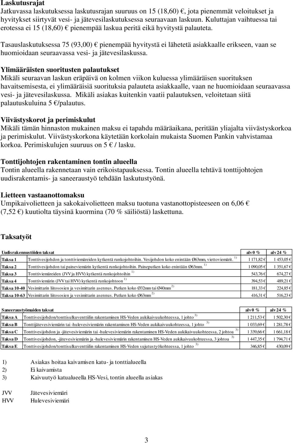 Tasauslaskutuksessa 75 (93,00) pienempää hyvitystä ei lähetetä asiakkaalle erikseen, vaan se huomioidaan seuraavassa vesi- ja jätevesilaskussa.