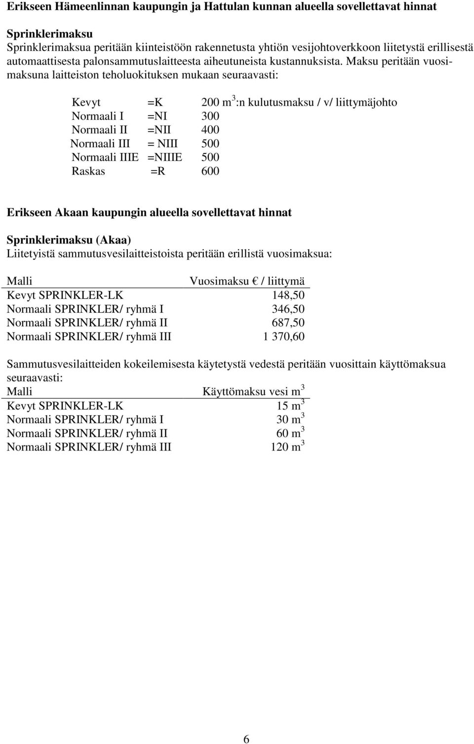 Maksu peritään vuosimaksuna laitteiston teholuokituksen mukaan seuraavasti: Kevyt =K 200 m 3 :n kulutusmaksu / v/ liittymäjohto Normaali I =NI 300 Normaali II =NII 400 Normaali III = NIII 500