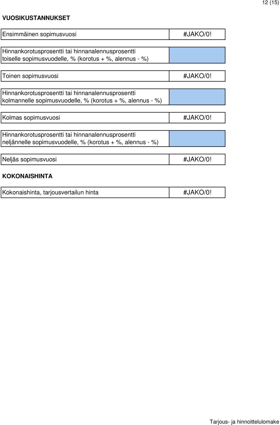 kolmannelle sopimusvuodelle, % (korotus + %, alennus - %) Kolmas sopimusvuosi Hinnankorotusprosentti tai