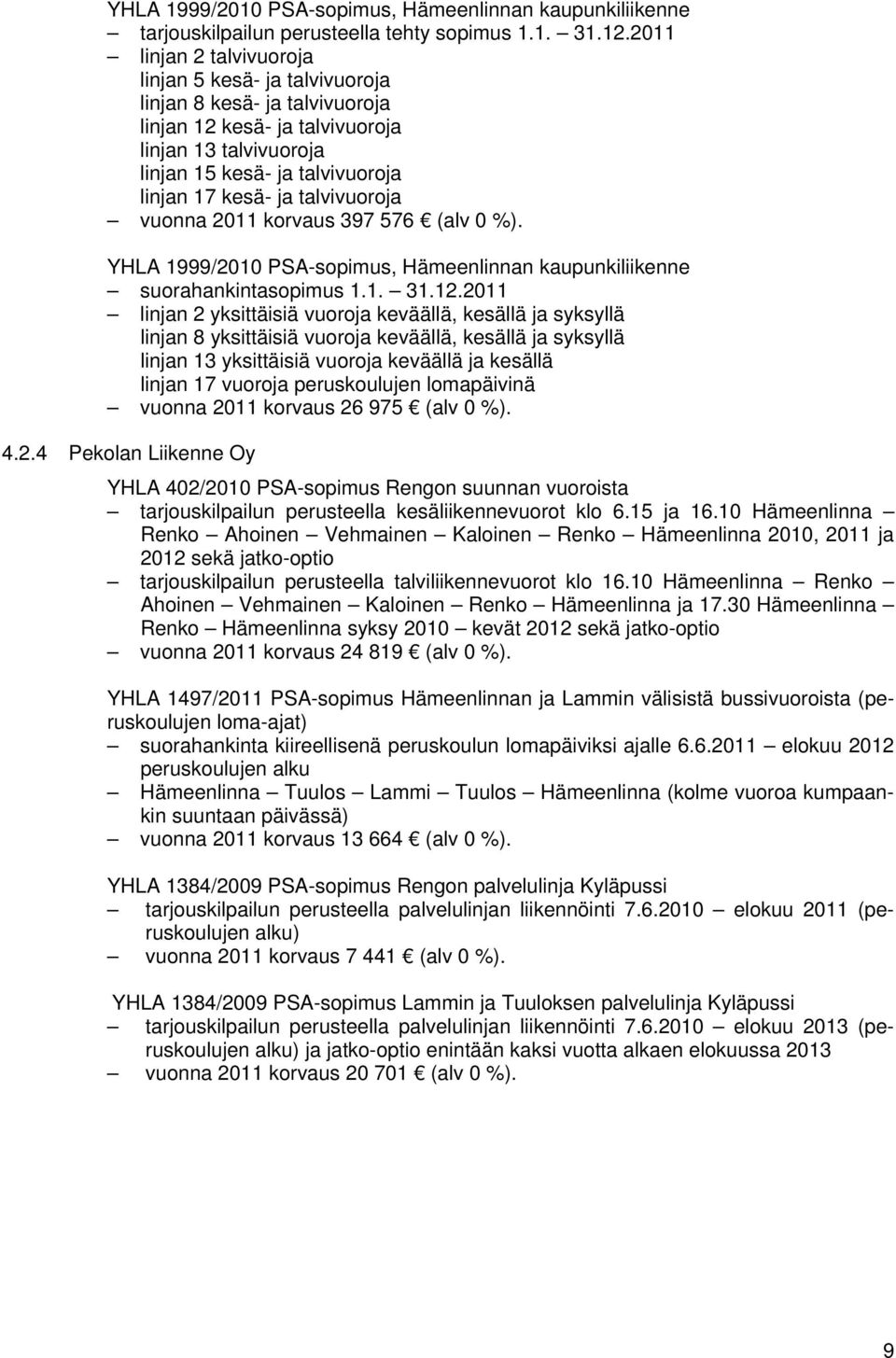 talvivuoroja vuonna 2011 korvaus 397 576 (alv 0 %). YHLA 1999/2010 PSA-sopimus, Hämeenlinnan kaupunkiliikenne suorahankintasopimus 1.1. 31.12.