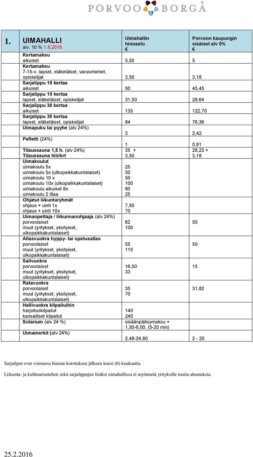 Sarjalippu 30 kertaa lapset, eläkeläiset, piskelijat 84 76,36 Uimapuku tai pyyhe (alv 24%) 3 2,42 Pefletti (24%) 1 0,81 Tilaussauna 1,5 h.