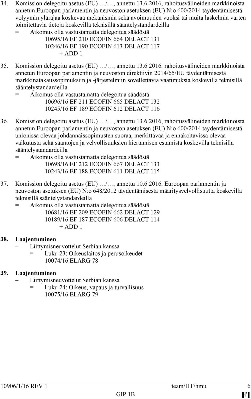 laskelmia varten toimitettavia tietoja koskevilla teknisillä sääntelystandardeilla 10695/16 EF 210 ECON 664 DELACT 131 10246/16 EF 190 ECON 613 DELACT 117 35.