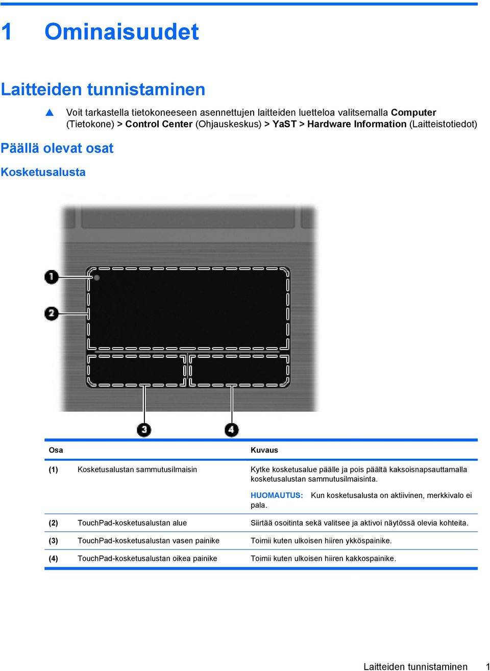 sammutusilmaisinta. HUOMAUTUS: pala. Kun kosketusalusta on aktiivinen, merkkivalo ei (2) TouchPad-kosketusalustan alue Siirtää osoitinta sekä valitsee ja aktivoi näytössä olevia kohteita.