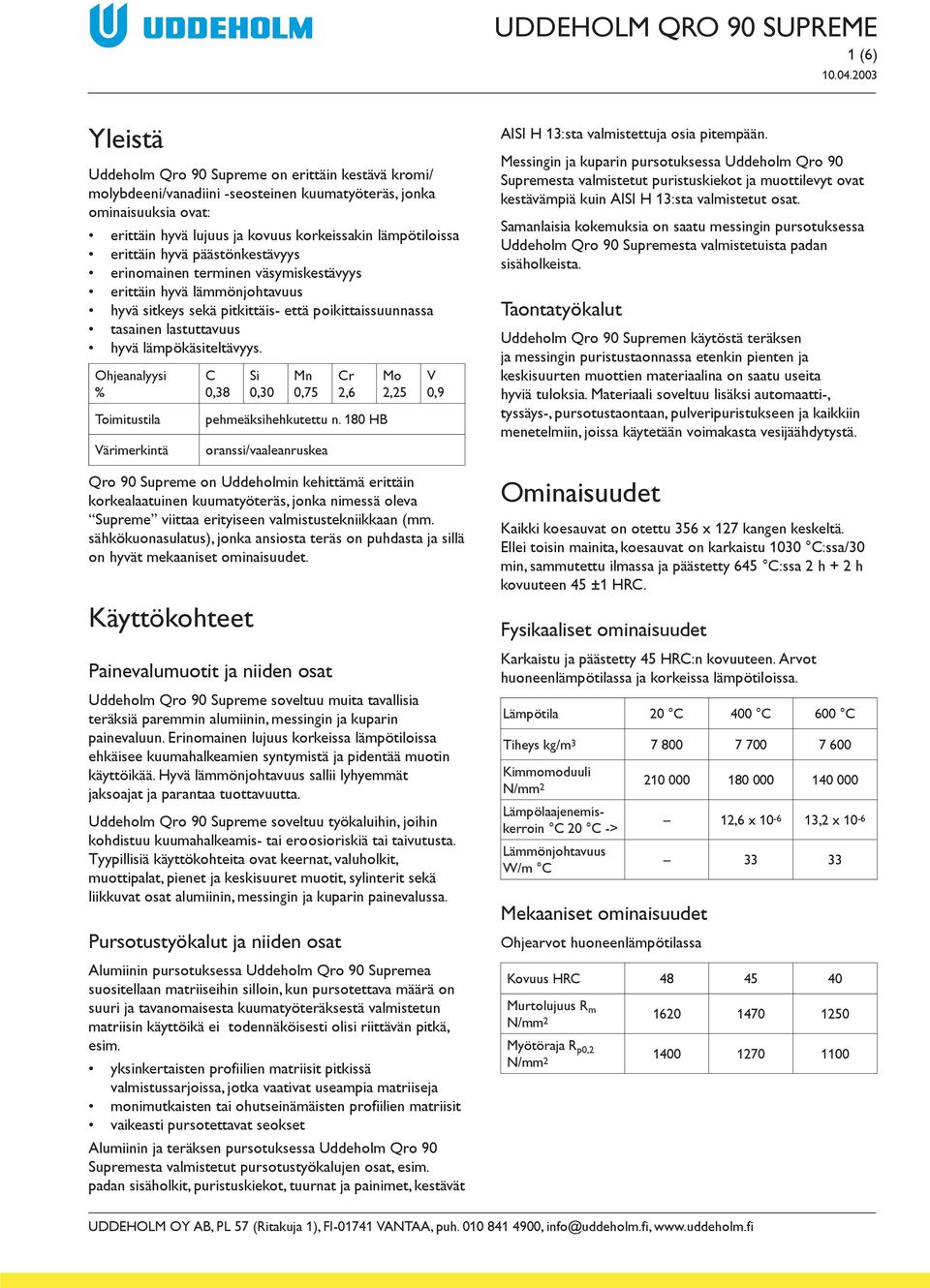 Ohjeanalyysi % Toimitustila Värimerkintä C 0,38 Si 0,30 Mn 0,75 Cr 2,6 pehmeäksihehkutettu n.